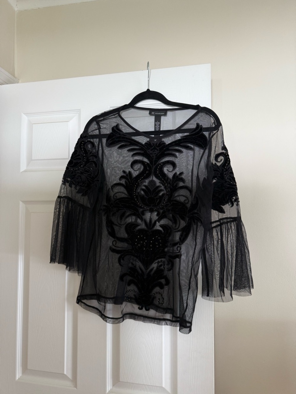 INC International Concepts Black Sheer Velvet Appliqué Bell Sleeve Blouse